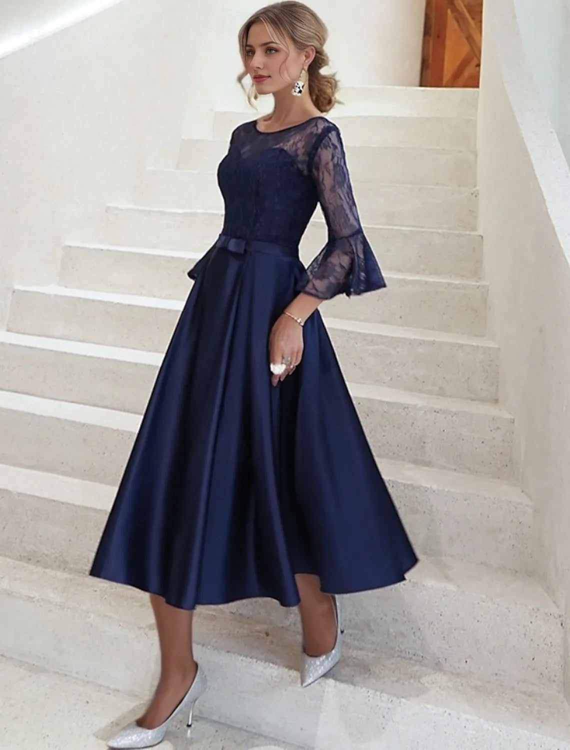 A-Line Dress Mother of the Bride Dress Formal Elegant Vintage Illusion Neck Jewel Neck Ankle Length Satin Lace 3/4 Length Sleeve with Lace Solid Color