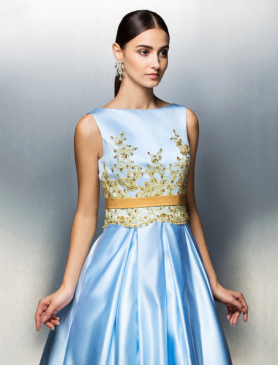 A-Line Cocktail Dresses Party Dress Wedding Guest Tea Length Sleeveless Jewel Neck Satin V Back with Pleats Appliques