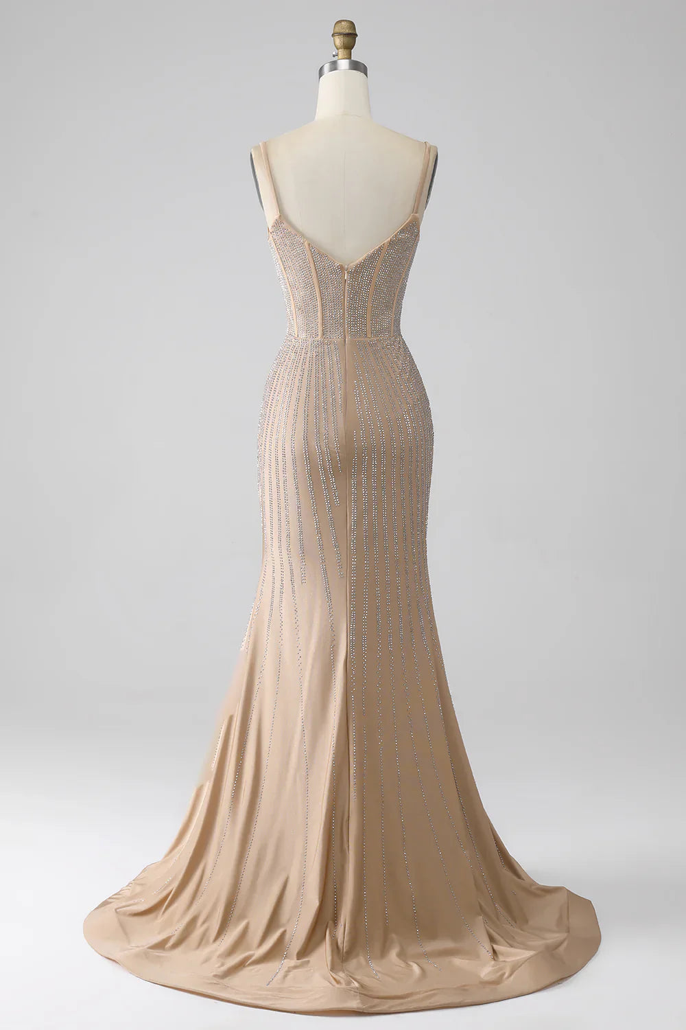 DingJiDress Sparkly Champagne Mermaid Spaghetti Straps Long Prom Dress with Slit