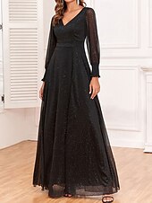 Dress Mother of the Bride Dress Elegant Party Black Dress V Neck Floor Length Polyester Long Sleeve with Sequin
