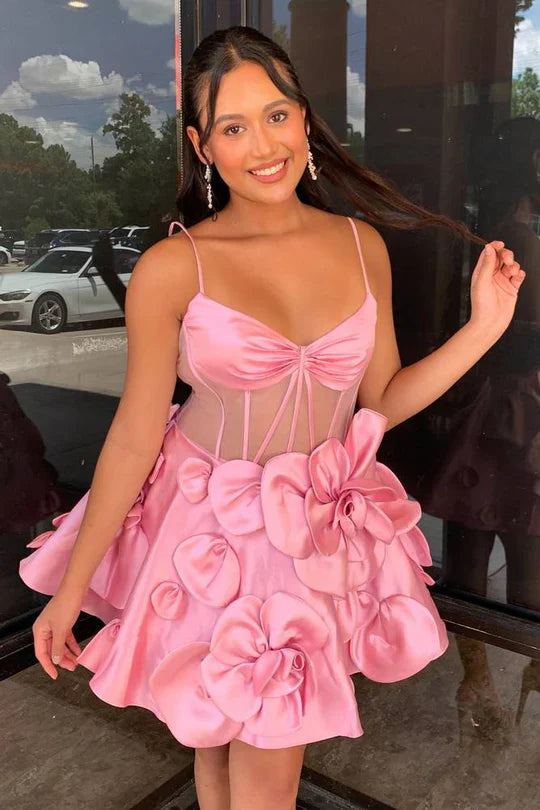 DingJiDress A-Line Homecoming Dress Pink Spaghetti Straps Graduation Dresses with 3D Floral