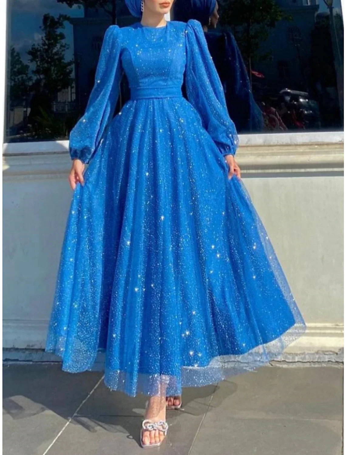 A-Line Evening Gown Elegant Dress Formal Ankle Length Long Sleeve Jewel Neck Sequined with Glitter Pleats