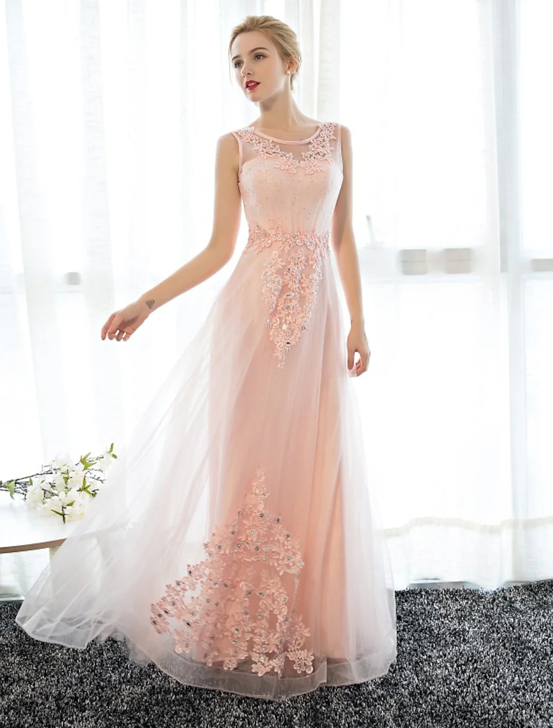Sheath / Column Dress Wedding Guest Floor Length Sleeveless Illusion Neck Satin with Crystals Appliques