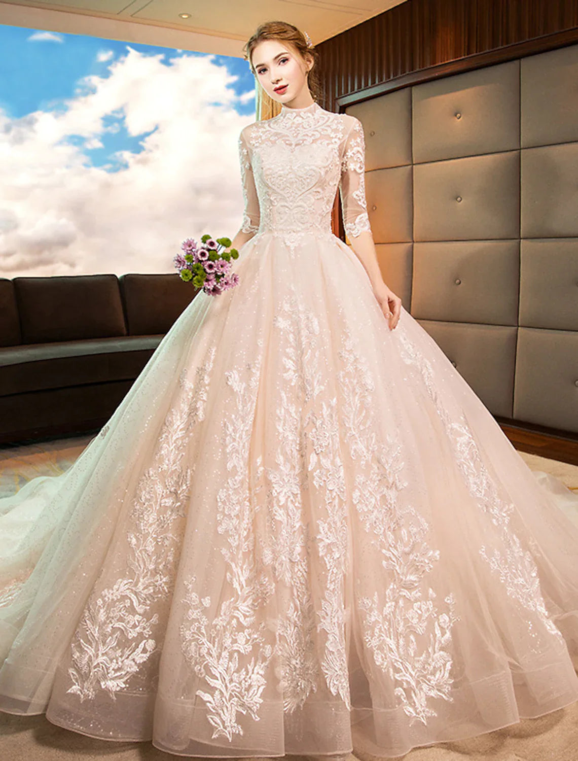 Engagement Open Back Formal Wedding Dresses  Princess Long Sleeve High Neck Lace With Sequin Appliques