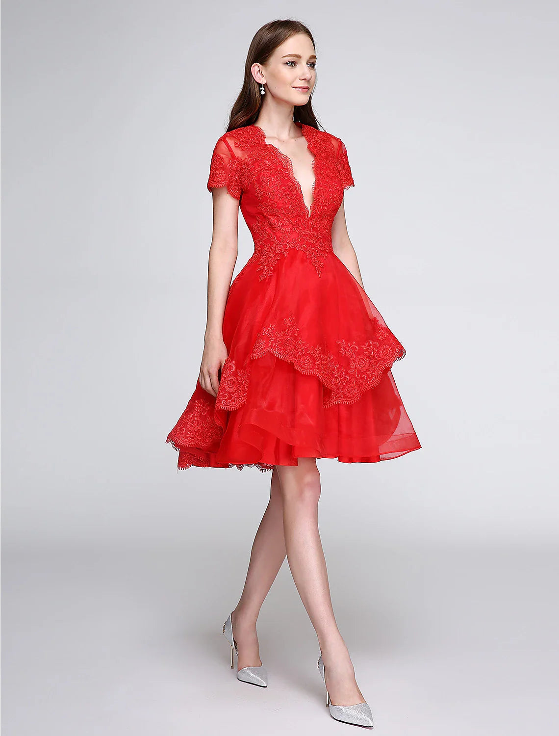 Ball Gown Cute Dress Cocktail Party Knee Length Short Sleeve Plunging Neck Organza with Buttons Appliques
