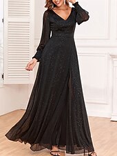 Dress Mother of the Bride Dress Elegant Party Black Dress V Neck Floor Length Polyester Long Sleeve with Sequin