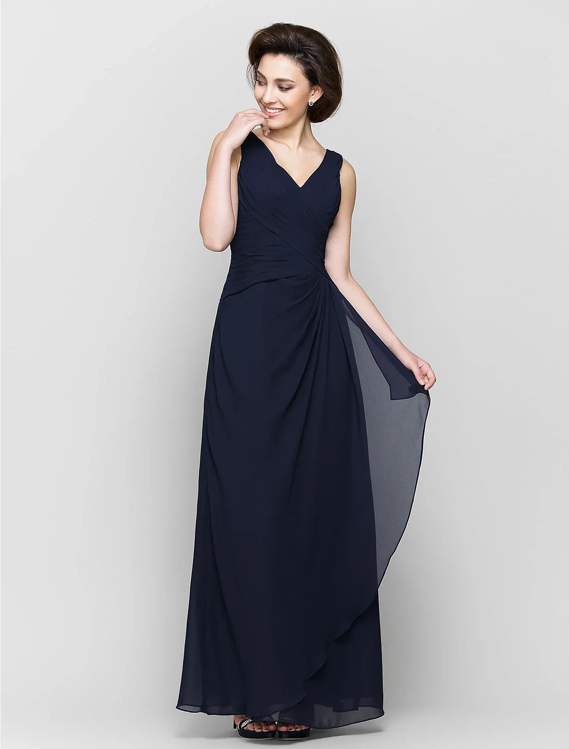 Sheath / Column Mother of the Bride Dress Convertible Dress V Neck Floor Length Chiffon 3/4 Length Sleeve with Criss Cross Cascading Ruffles