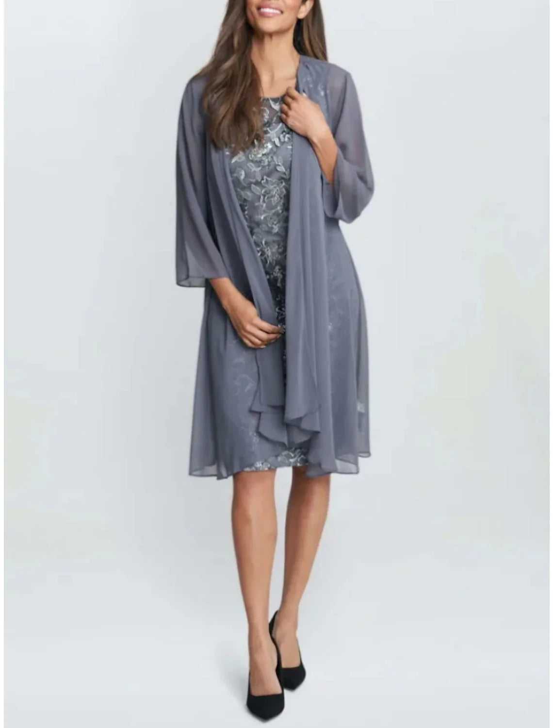 Two Piece Mother of the Bride Dress Wedding Guest Elegant Petite Scoop Neck Knee Length Chiffon Long Sleeve with Ruching Solid Color