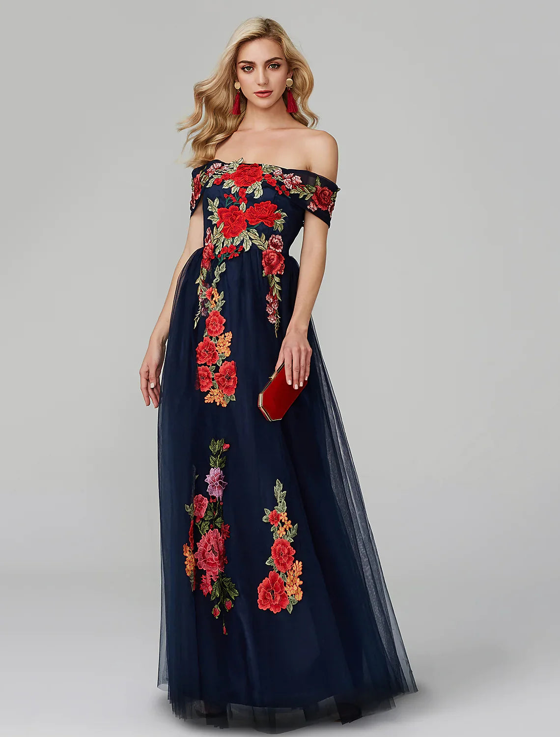 A-Line Prom Dresses Dress Wedding Guest Floor Length Sleeveless Off Shoulder Lace Over Tulle with Embroidery Appliques