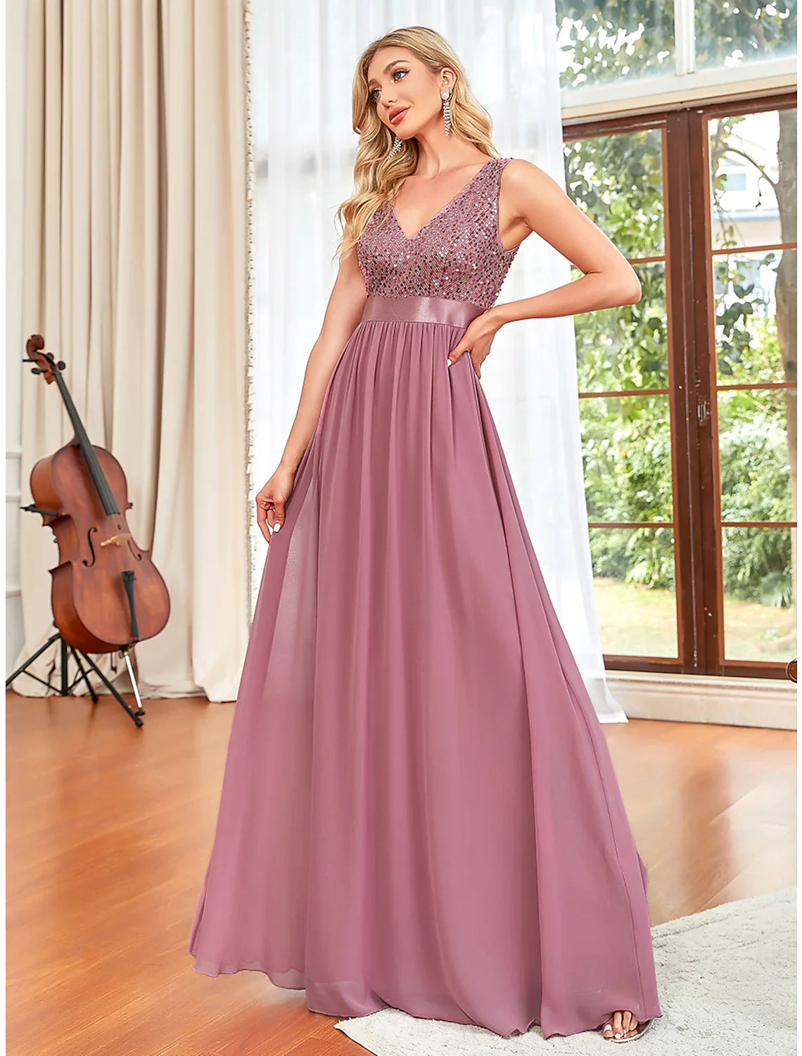 A-Line Prom Dresses Elegant Dress Wedding Guest Floor Length Sleeveless V Neck Chiffon V Back Draping