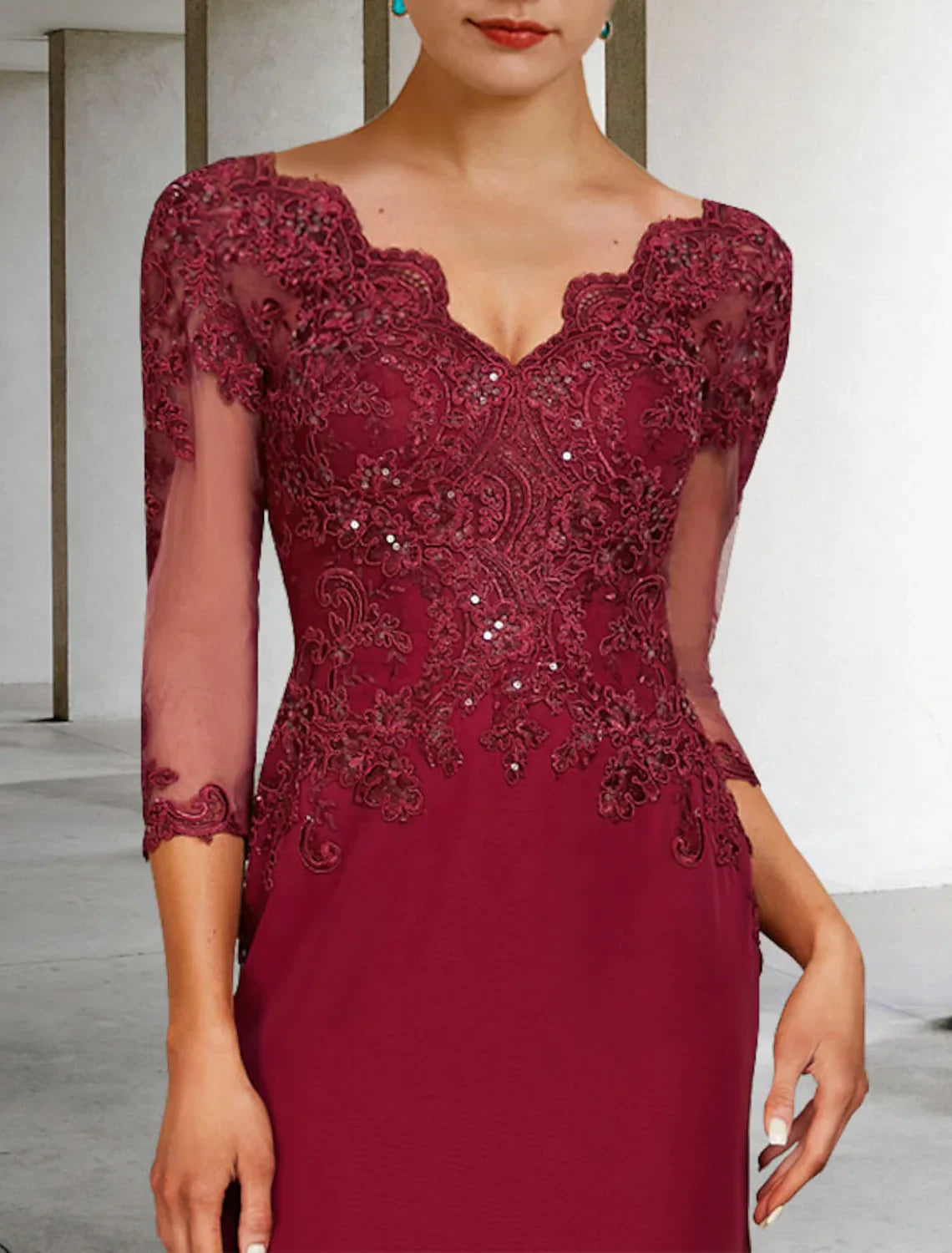 Mother of the Bride Dress Luxurious Elegant V Neck Lace Stretch Chiffon Length Sleeve with Sequin Appliques