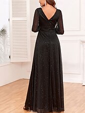 Dress Mother of the Bride Dress Elegant Party Black Dress V Neck Floor Length Polyester Long Sleeve with Sequin