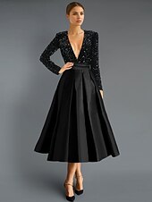 Black Gold A-Line Cocktail Dresses Elegant Dress Formal Wedding Tea Length Long Sleeve V Neck Fall Wedding Guest Satin with Glitter Sequin Derby Dresses