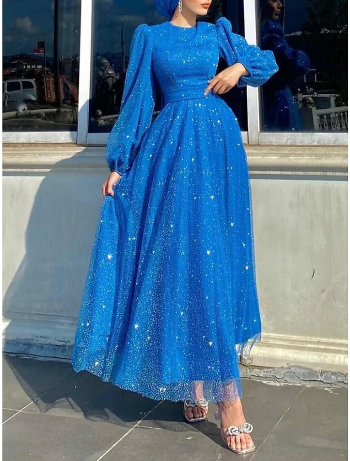 A-Line Evening Gown Elegant Dress Formal Ankle Length Long Sleeve Jewel Neck Sequined with Glitter Pleats