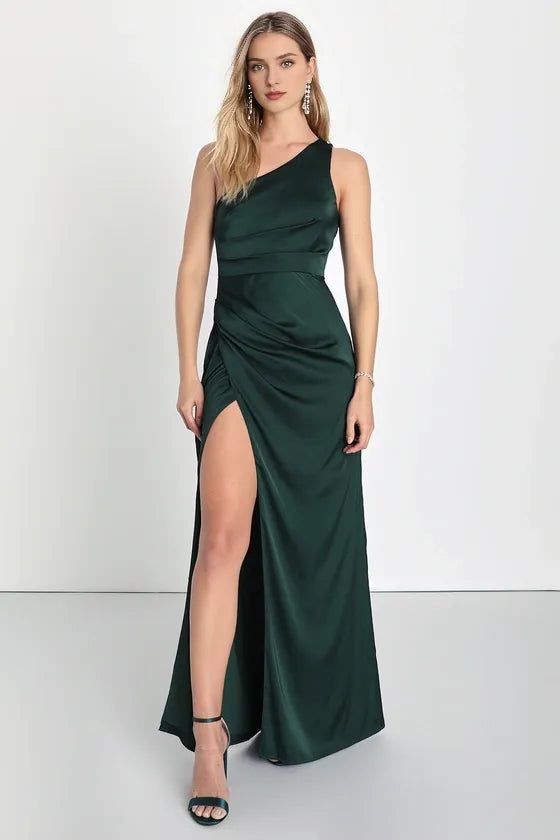 of Elegance Black Satin One-Shoulder Evening Dresses
