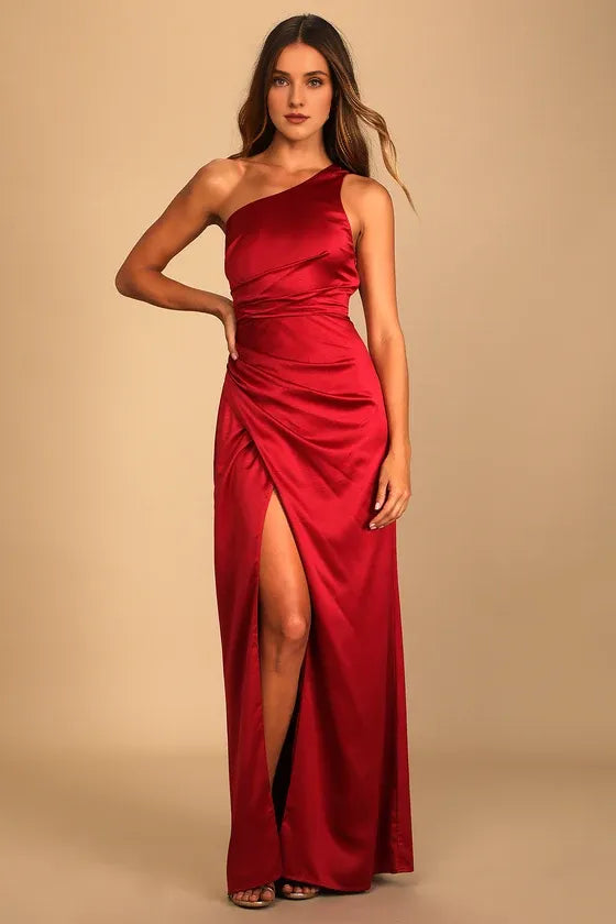 of Elegance Black Satin One-Shoulder Evening Dresses