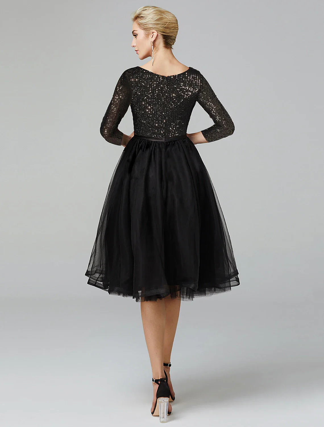 A-Line Cocktail Dresses Sparkle & Shine Dress Formal Tea Length 3/4 Length Sleeve Jewel Neck Fall Wedding Guest Tulle with Sequin
