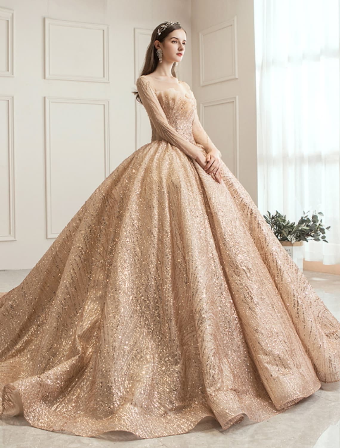 Engagement Wedding Dresses in Formal Wedding Dresses Chapel Train Long Sleeve Tulle With Ruched