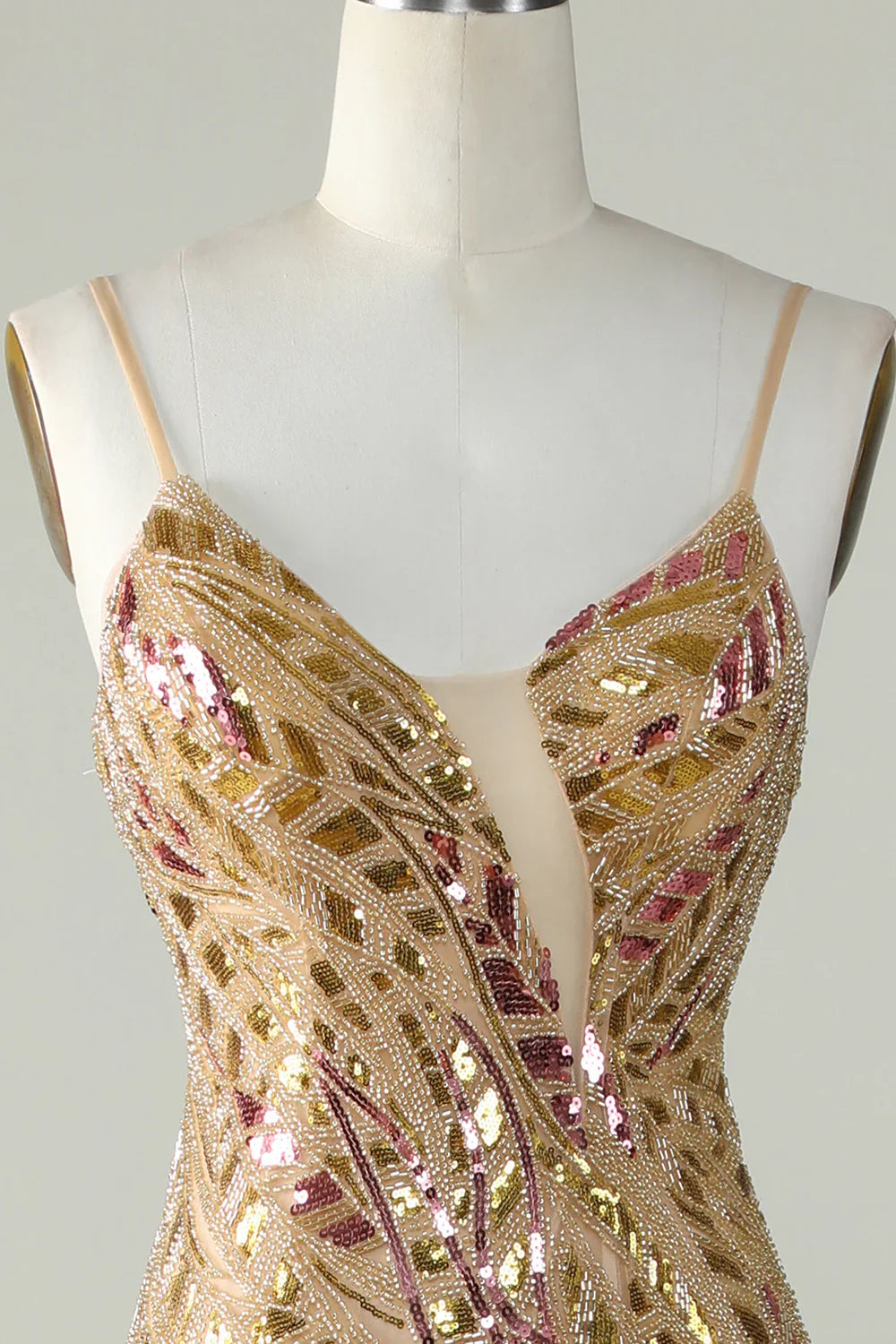 DingJiDress Bling Mermaid Spaghetti Straps Golden Sequins Long Prom Dress with Split Front
