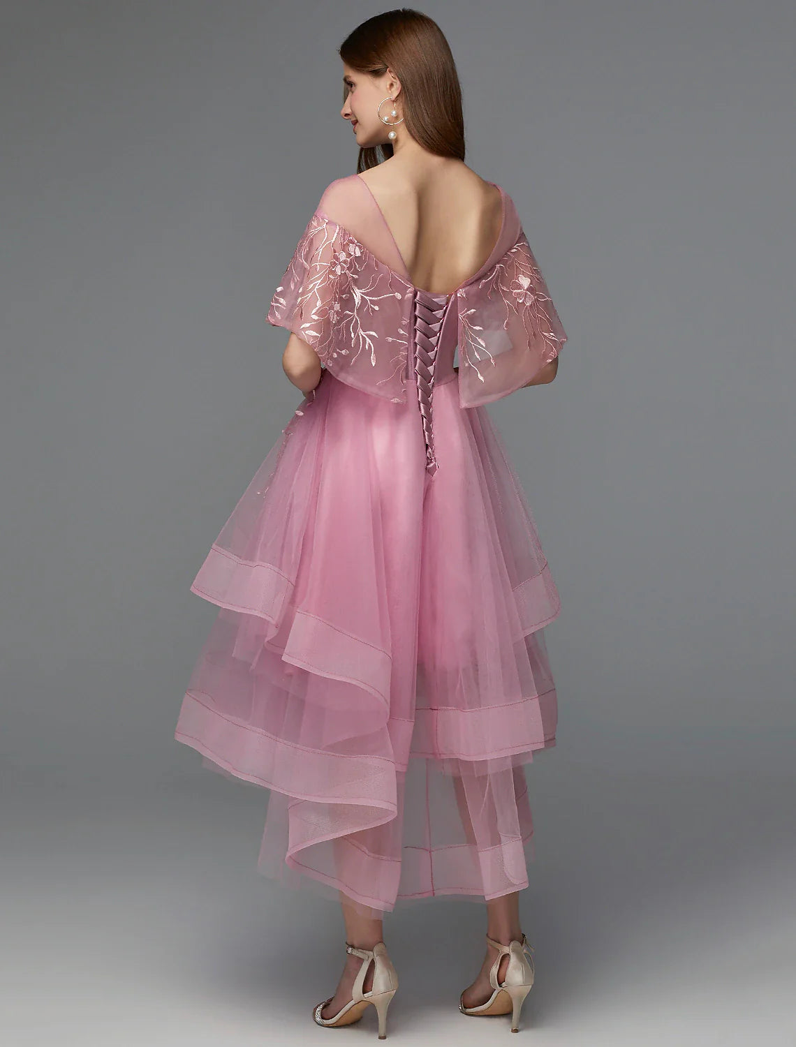A-Line Elegant Dress Holiday Wedding Guest Asymmetrical Sleeveless Illusion Neck Lace Tie Back with Lace