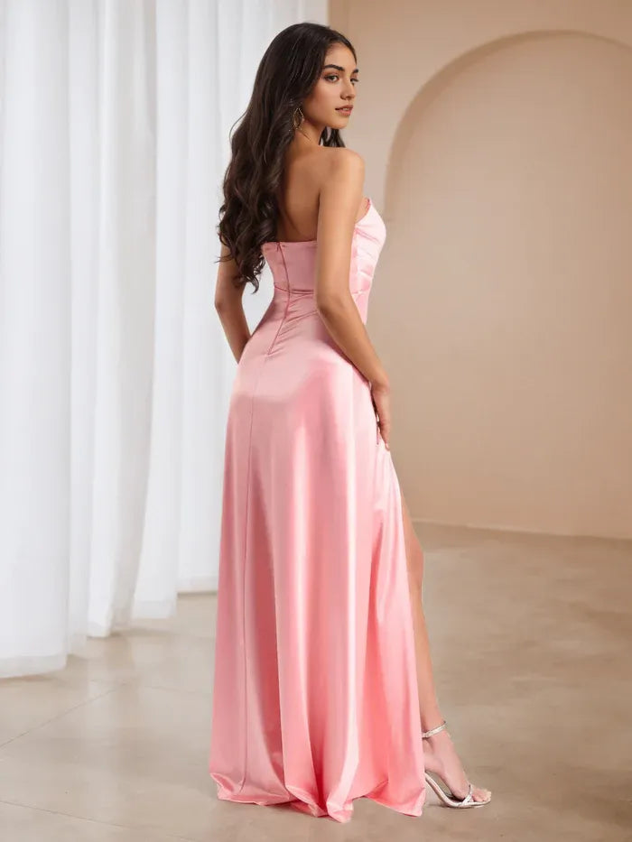 omantic Pink Strapless Prom Gown - Satin Fabric Ruched Top Side Slit