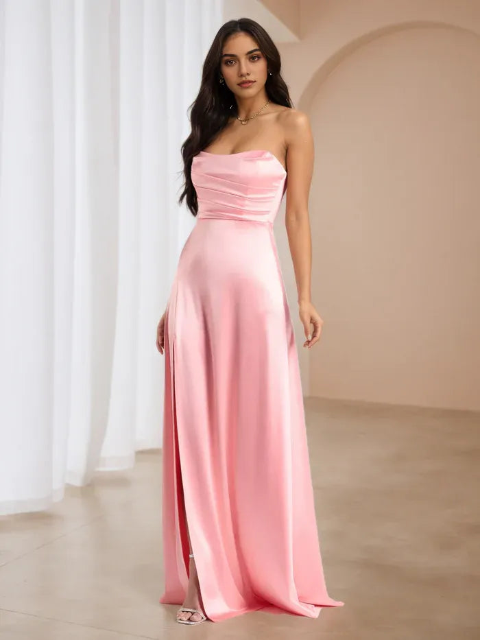 omantic Pink Strapless Prom Gown - Satin Fabric Ruched Top Side Slit