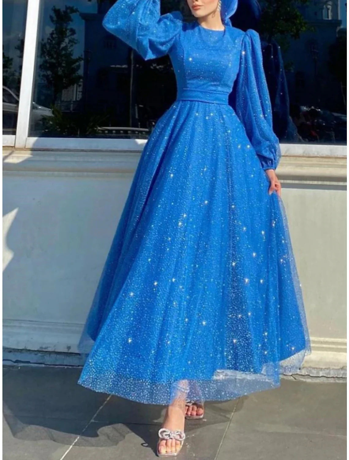 A-Line Evening Gown Elegant Dress Formal Ankle Length Long Sleeve Jewel Neck Sequined with Glitter Pleats