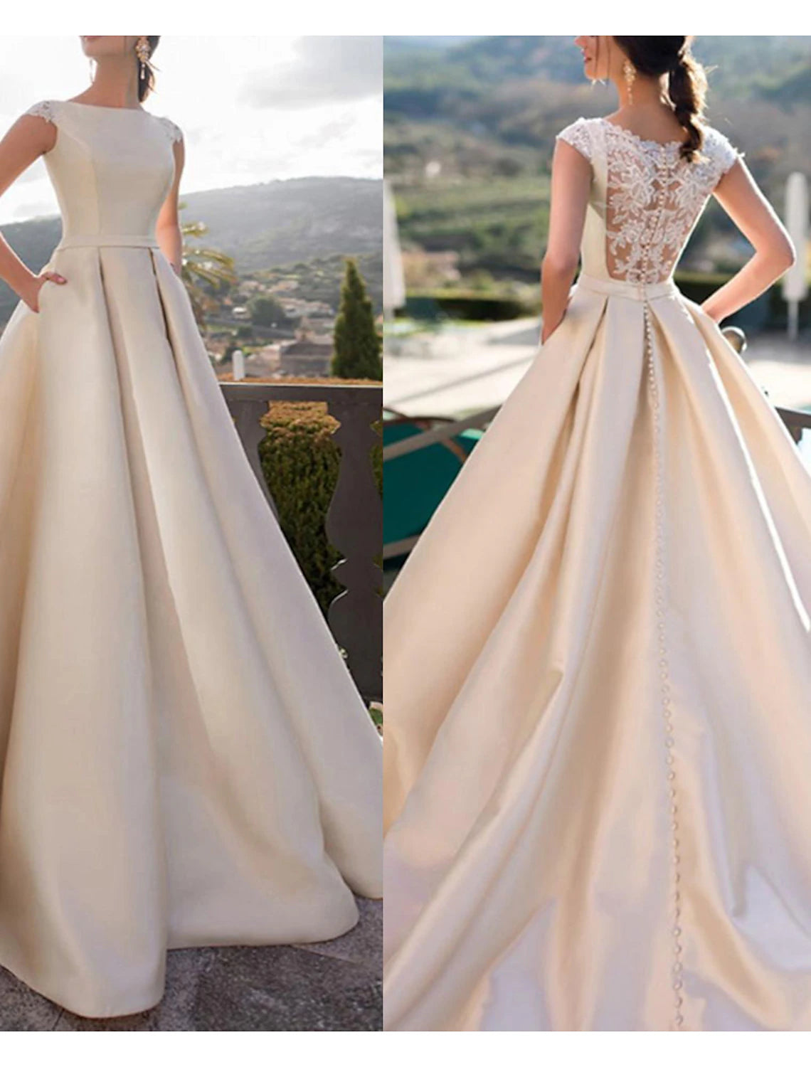 Hall Royal style wedding dress A-line low round neck sleeveless palace training satin wedding dress with pearl decals