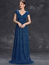 Dress Mother of the Bride Dress Elegant Party V Neck Floor Length Chiffon Polyester Short Sleeve with Sequin