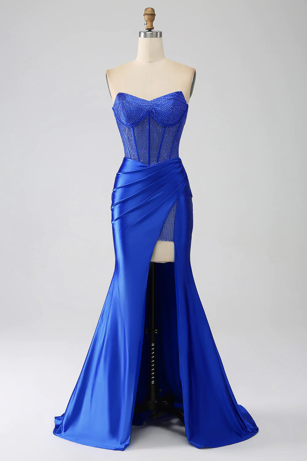 DingJiDress Mermaid Strapless Royal Blue Corset Prom Dress with Beading