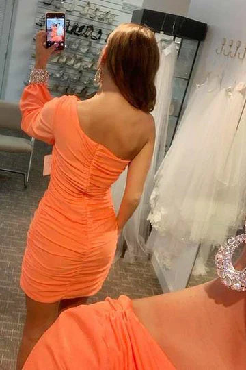Wholesale Hot Pink One Sleeve Ruched Mini Homecoming Dress