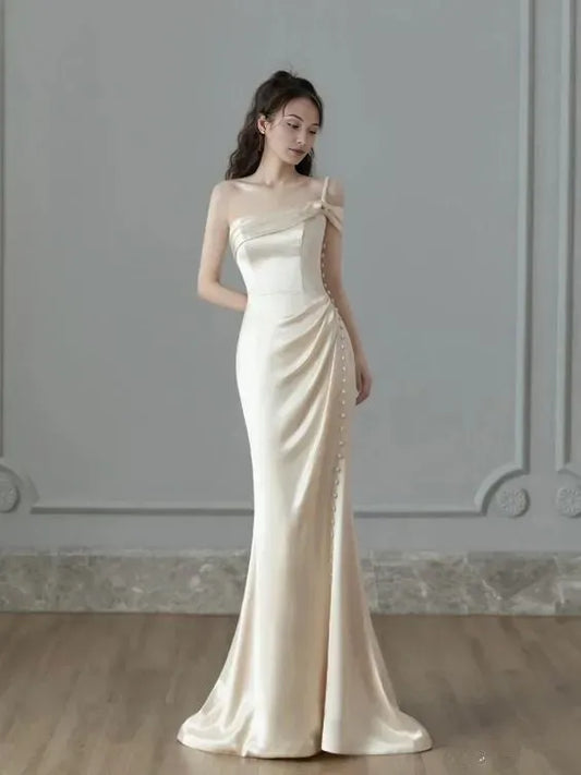 Vintage Mermaid One Shoulder Sleeveless Satin Wedding Dresses