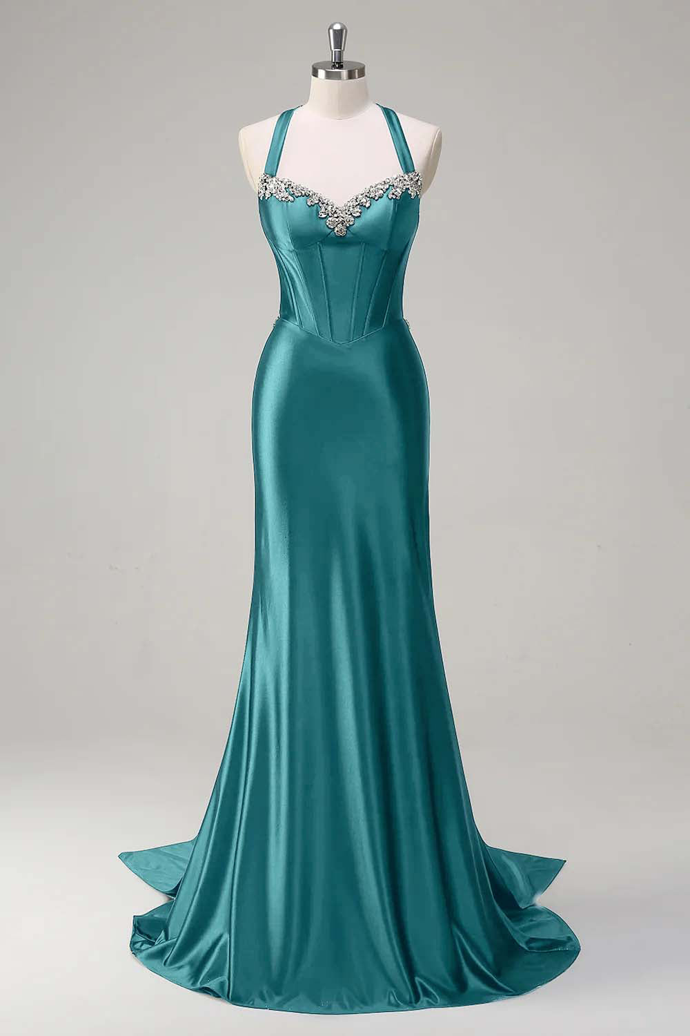 Dusty Blue Sweetheart Mermaid Corset Satin Long Prom Dress