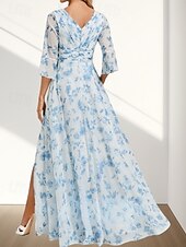 A-Line Mother of the Bride Dress Wedding Guest Elegant V Neck Floor Length Chiffon 3/4 Length Sleeve with Pleats Ruched Split Front Wedding Guest Dress