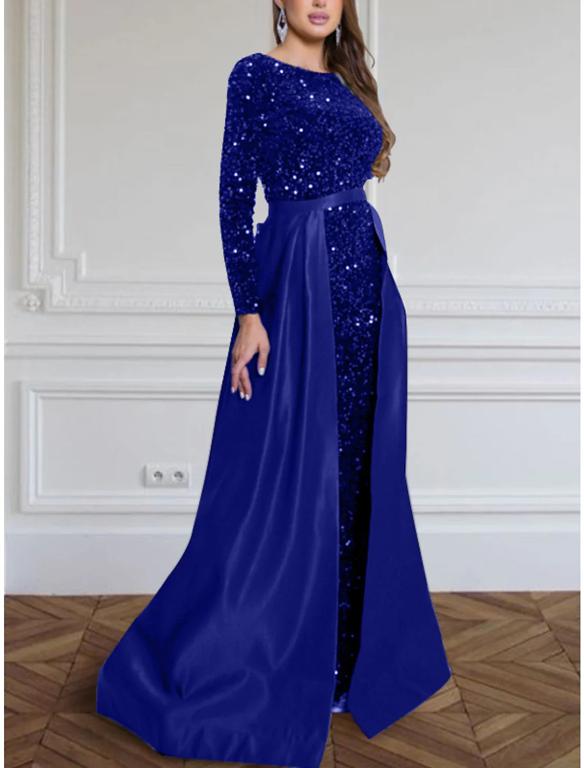 A-Line Evening Gown Sparkle & Shine Black Dress Plus Size Formal Fall Sweep / Brush Train Long Sleeve Jewel Neck Sequined with Glitter Pleats