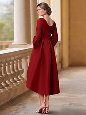 A-Line Dress Mother of the Bride Dress Wedding Guest Elegant V Neck Asymmetrical Tea Length Satin 3/4 Length Sleeve with Pleats Solid Color Derby Dresses