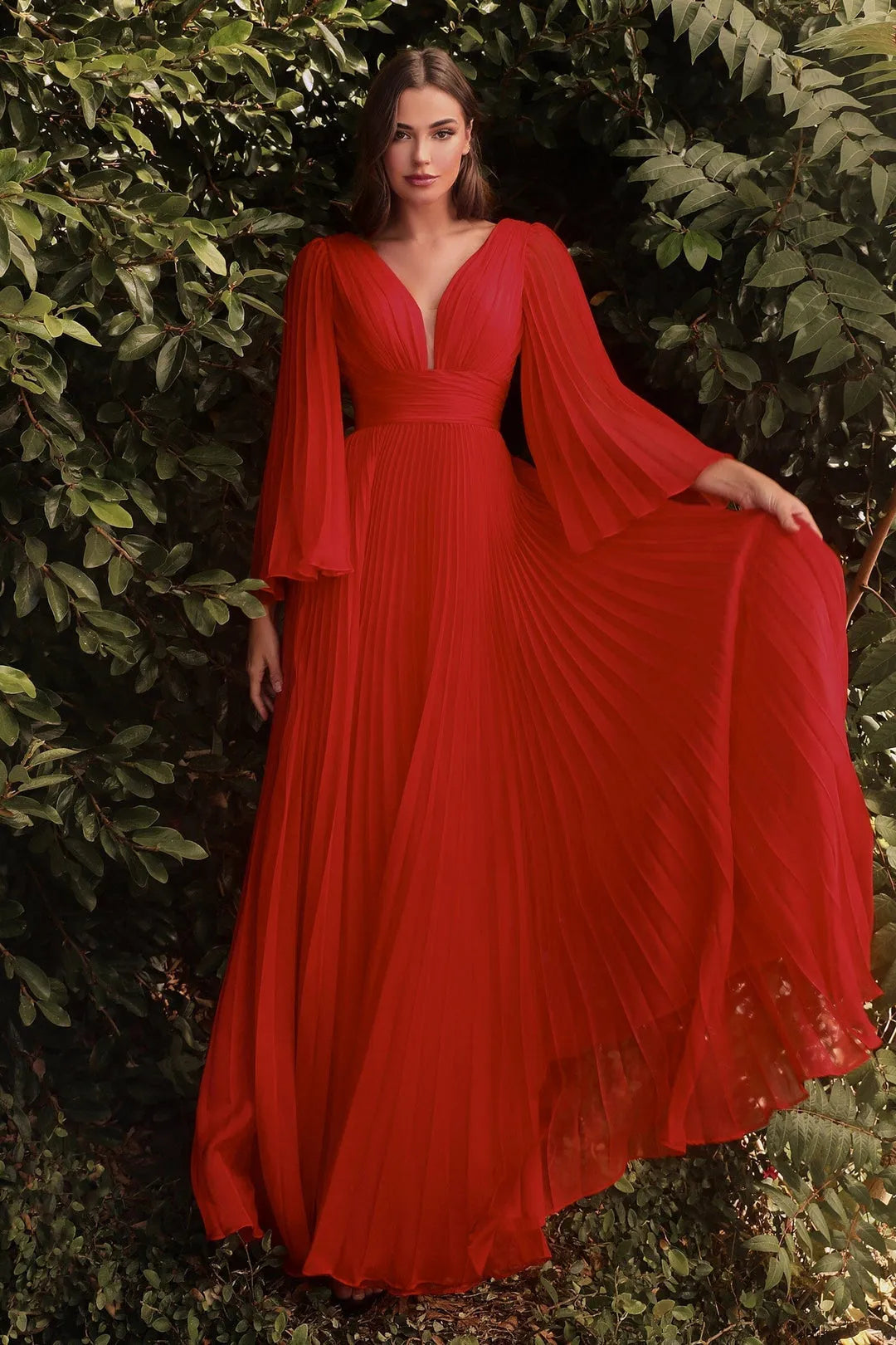 Stunning Red Chiffon Prom Dress with Plunging V - Neck and Flared Sleeves