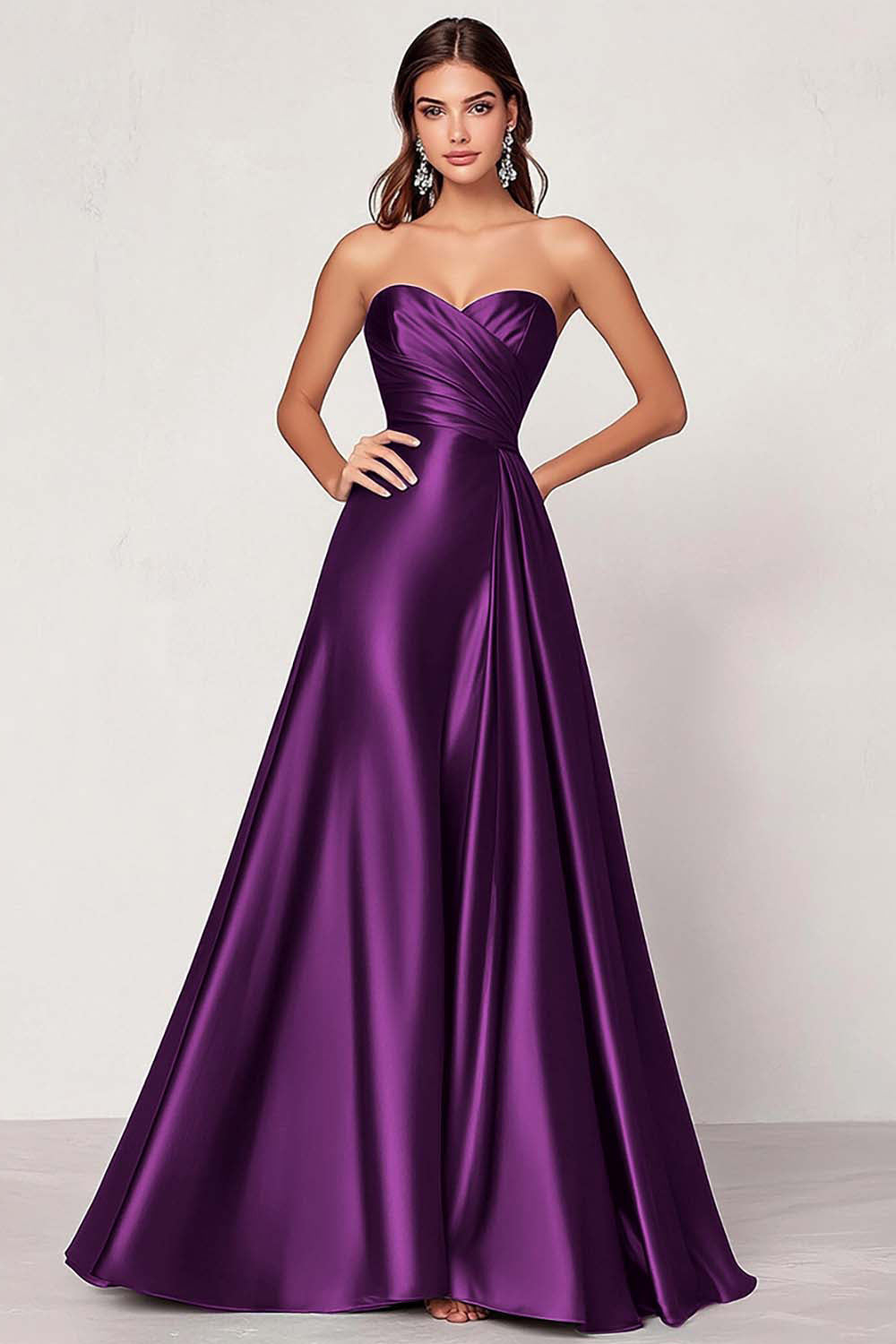 Dusty Blue Satin A Line Sweetheart Long Ruched Prom Dress ﻿
