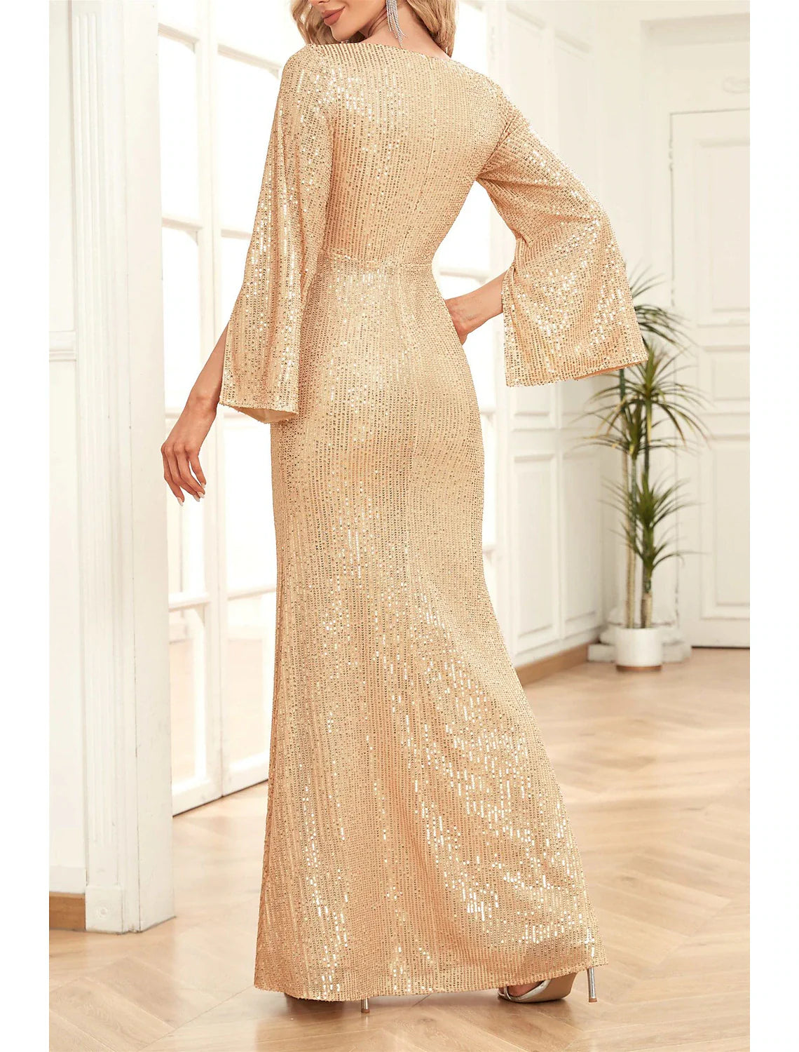 Mermaid / Trumpet Mother of the Bride Dress Wedding Guest Party Sparkle & Shine Scoop Neck V Neck Floor Length Sequined 3/4 Length Sleeve with Ruching Solid Color