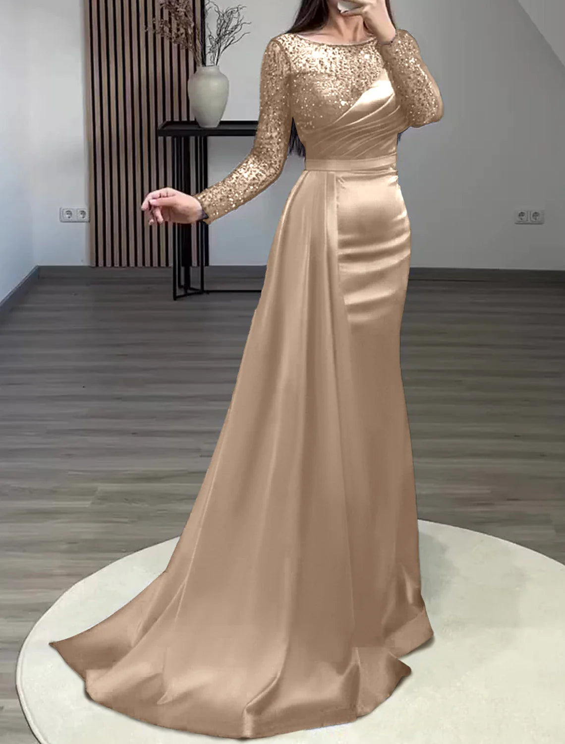 Mermaid Dress Evening Gown Christmas Red Green Dress Formal Wedding Guest Court Train Long Sleeve Jewel Neck Charmeuse with Ruched Pearls Sequin