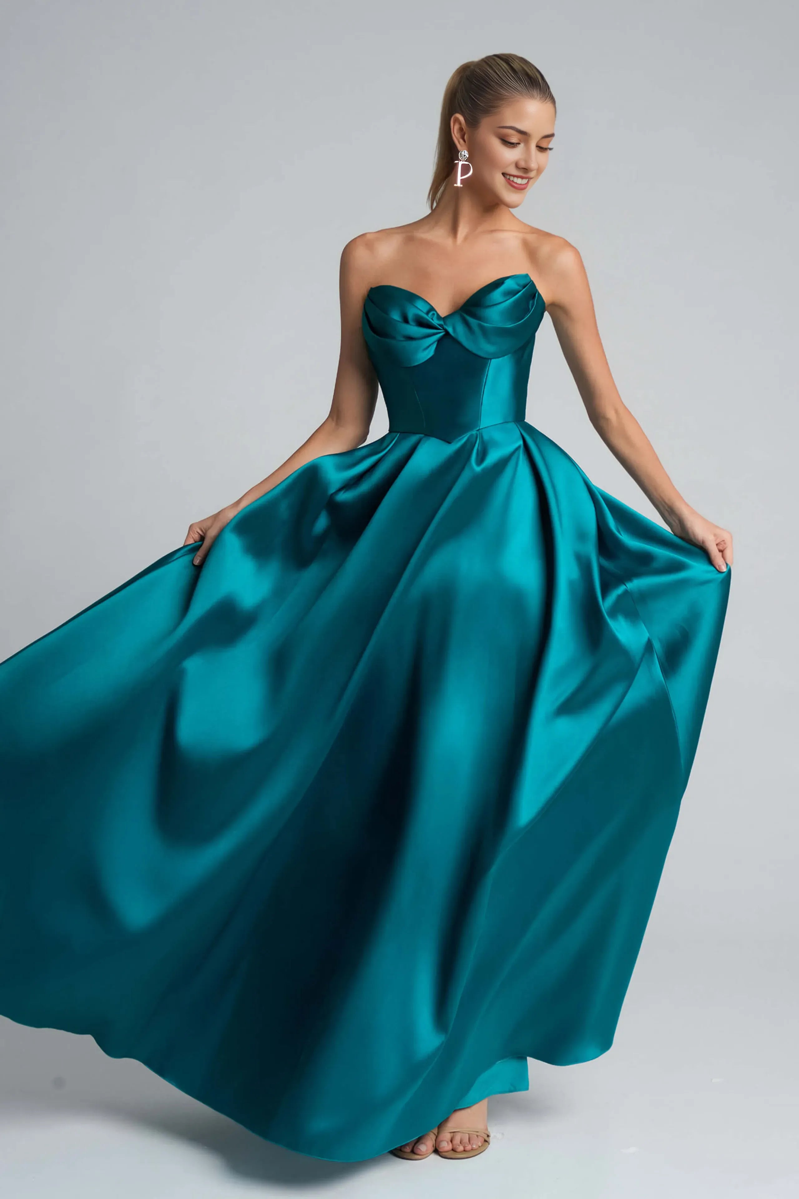 Romantic Emerald A-Line Sweetheart Strapless Button-Back Floor-Length Satin Ruched Prom Dress