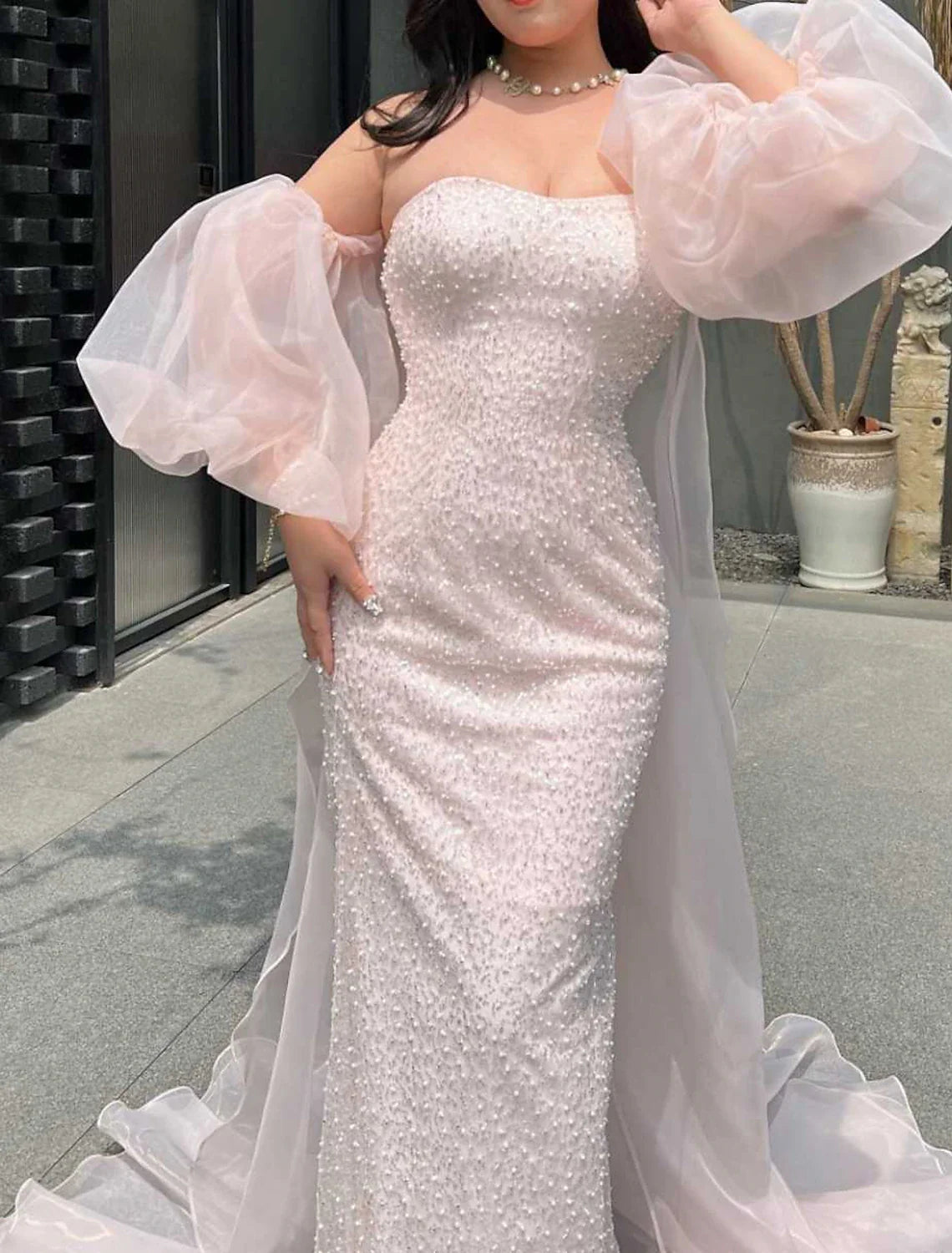 Mermaid / Trumpet Prom Dresses Sparkle & Shine Dress Formal Floor Length Short Sleeve Strapless Organza with Pearls
