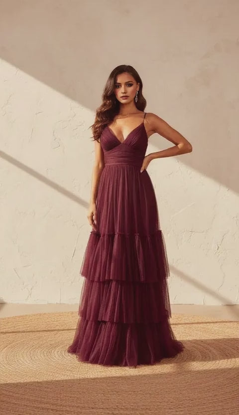 Elegant Burgundy A-Line V-Neck Spaghetti Straps Back Zip Tiered Ruffled Tulle Floor-Length  Prom Dress