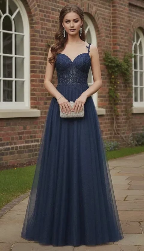 Fashionable Blue A-Line V Neck Spaghetti Strap Lace Up Lace Tulle Applique Floor-Length Prom Dress