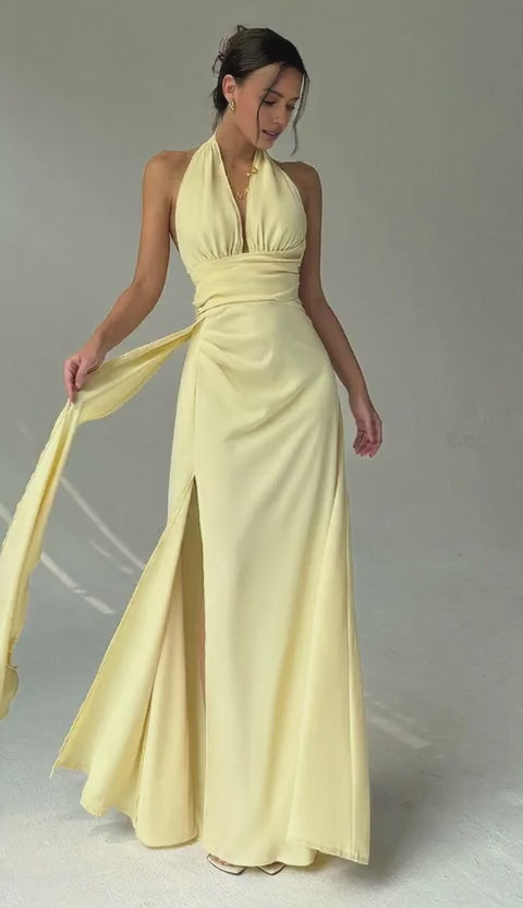 Luxury Light Yellow A-Line Halter Neck Sleeveless Open Back Draped-Tie Floor-Length High Slit Satin Prom Dresses