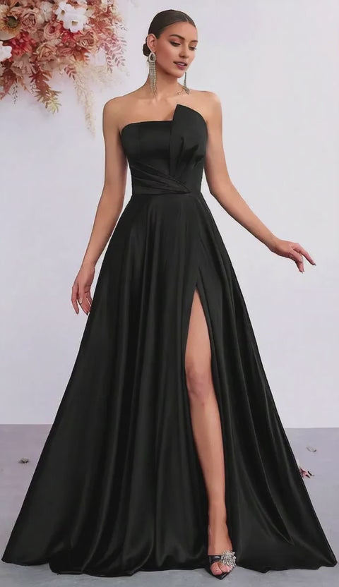 Classic A-Line Strapless Sleeveless Lace-Up Back Ruched Floor-Length High Slit Satin Prom Dress
