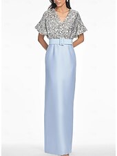 Blue Column Evening Gown Elegant Dress Formal Wedding Guest Floor Length Short Sleeve V Neck Belt / Sash Satin with Glitter Sequin Slit