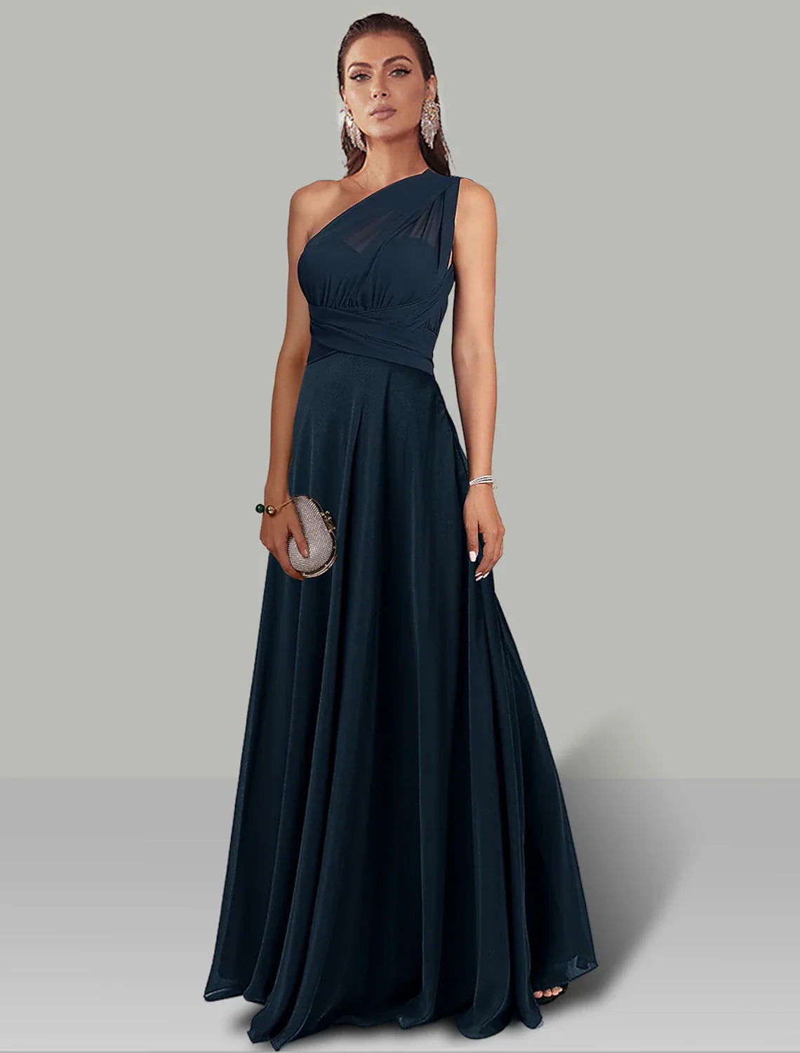 A-Line Wedding Guest Dresses Infinity Dress Wedding Party Floor Length Short Sleeve Halter Convertible Chiffon with Ruched