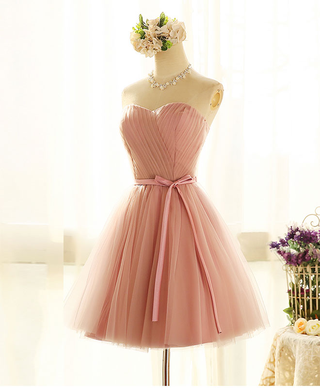 Cute Sweetheart Neck Tulle Short Prom Dress Pink Bridesmaid Dress