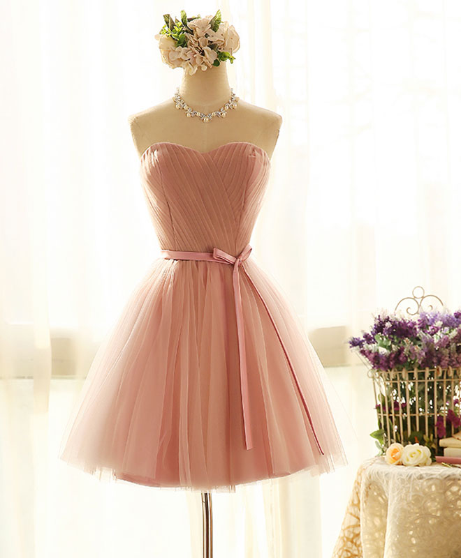 Cute Sweetheart Neck Tulle Short Prom Dress Pink Bridesmaid Dress